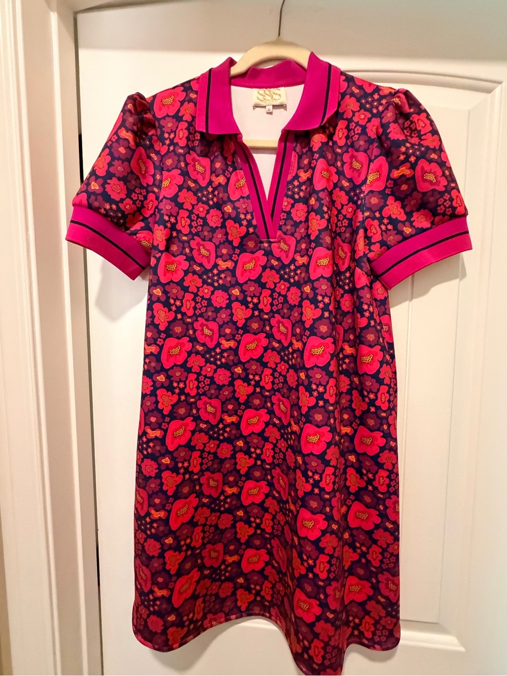 Bold Fuchsia Floral Polo-Style Shift Dress